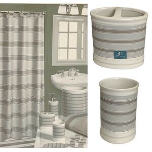 Striped Fabric Shower Curtain Ceramic Accessories 3 Pieces White Grey Tan Khaki